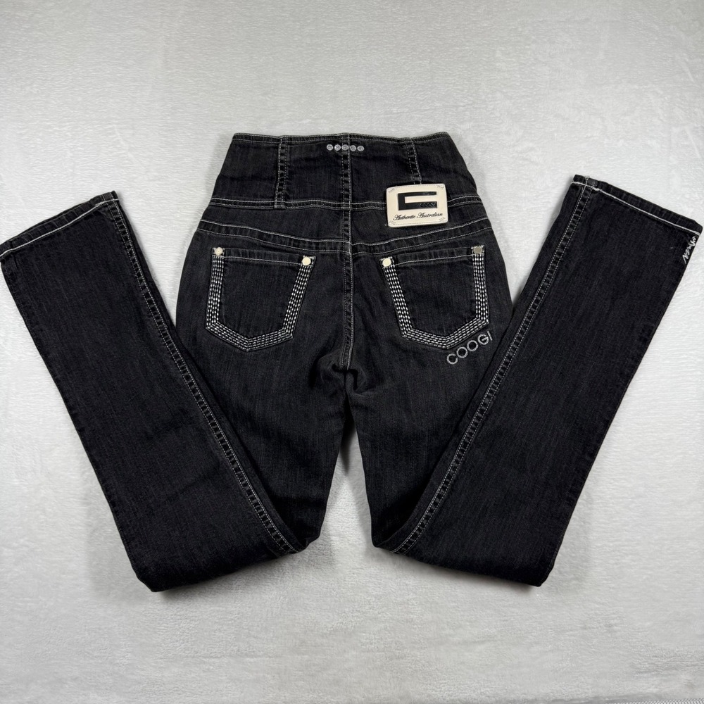 COOGI Womens High Waisted Corset Flare Jeans Black Contrast Stitch Size 1/2